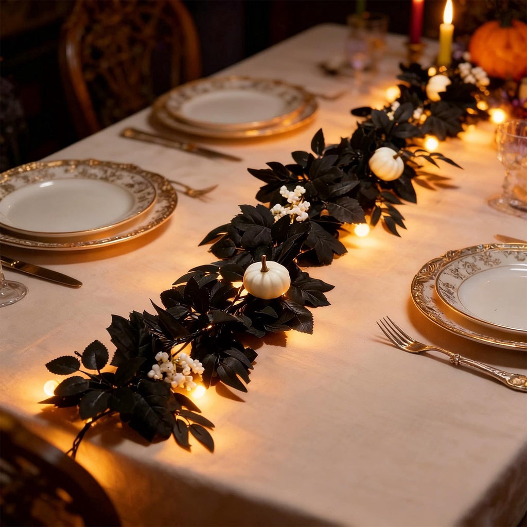 Halloween Black Garland with LED Lights 70.87 Inch Gothic Foliage for Mantel Stair Halloween Party Home Indoor Decor