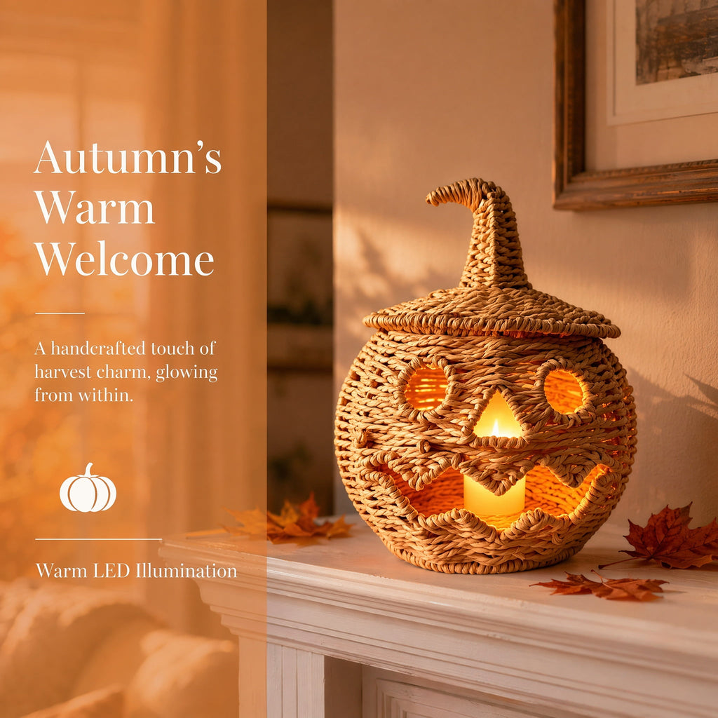 Aximioll Halloween Black Woven Jack-O-Lantern Pumpkin Decor, Hand Woven Rattan Wicker Style Statue, Trick or Treat Candy Bowl Lantern for Porch Entryway Fireplace Mantel Table, Black, 11 Inches