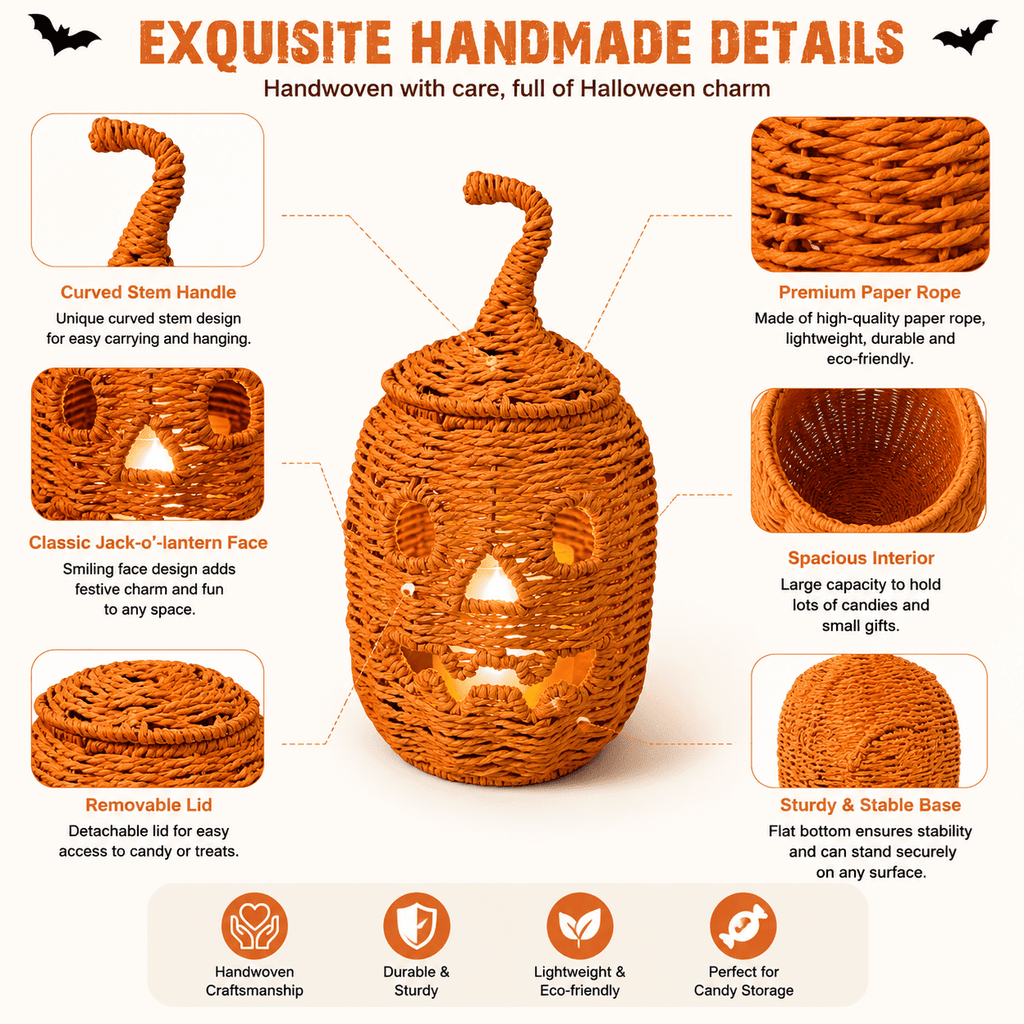 Handwoven Rattan Ghost Lantern with Witch Hat - 13.78 Inch White Wicker Ghost Decor, Light Up Halloween Decorations for Indoor Outdoor, Porch, Patio, Spooky Home Decor, Fall Harvest