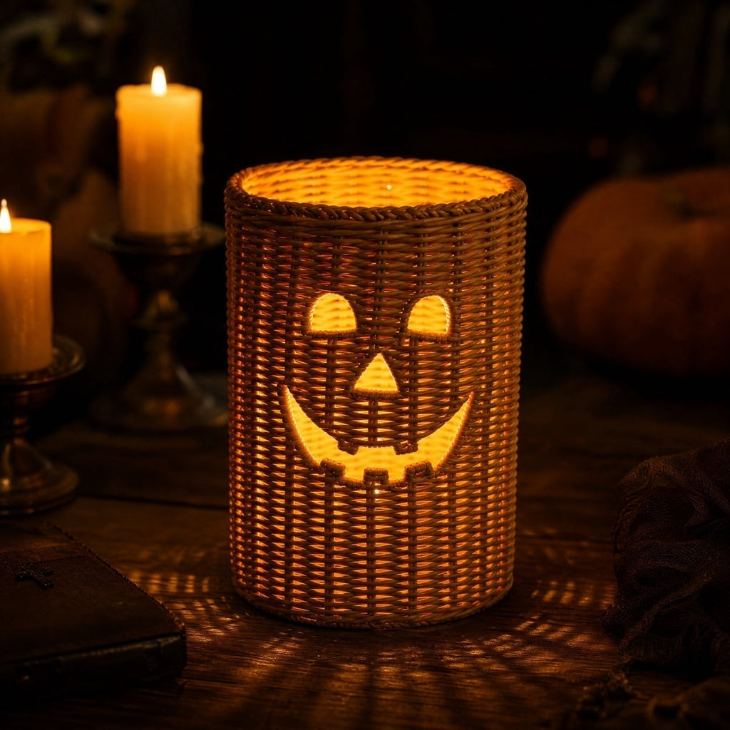 Aximioll Halloween Black Woven Jack-O-Lantern Pumpkin Decor, Hand Woven Rattan Wicker Style Statue, Trick or Treat Candy Bowl Lantern for Porch Entryway Fireplace Mantel Table, Black, 11 Inches