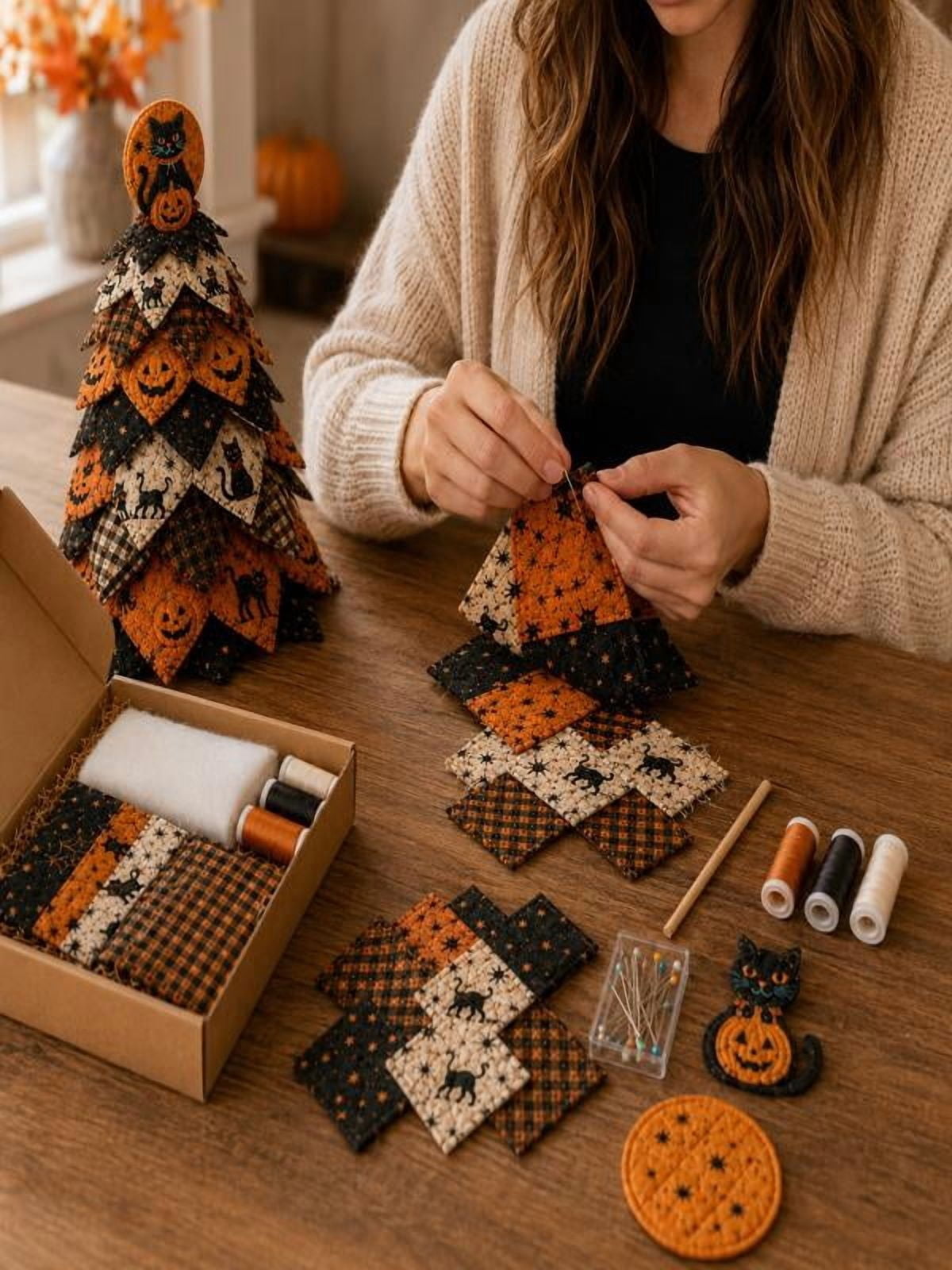 DIY Halloween Quilted Fabric Tree Kit, Sewing Project Holiday Mantel Decor, Quilted Patchwork Fabric Halloween Tabletop Christmas Tree, Handmade Gifts for Craft Lovers, Charming Patchwork Bundle #Cat