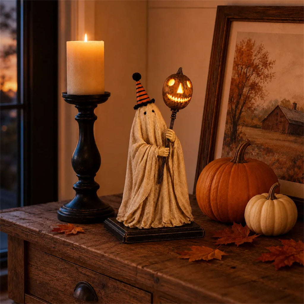 Win s Way Lighted Vintage Patchwork Ghost Decor Glowing Ghost Figurine with Pumpkin Lantern Farmhouse Style Light Up Statue for Mantel Shelf Entryway Table Fall Decorations