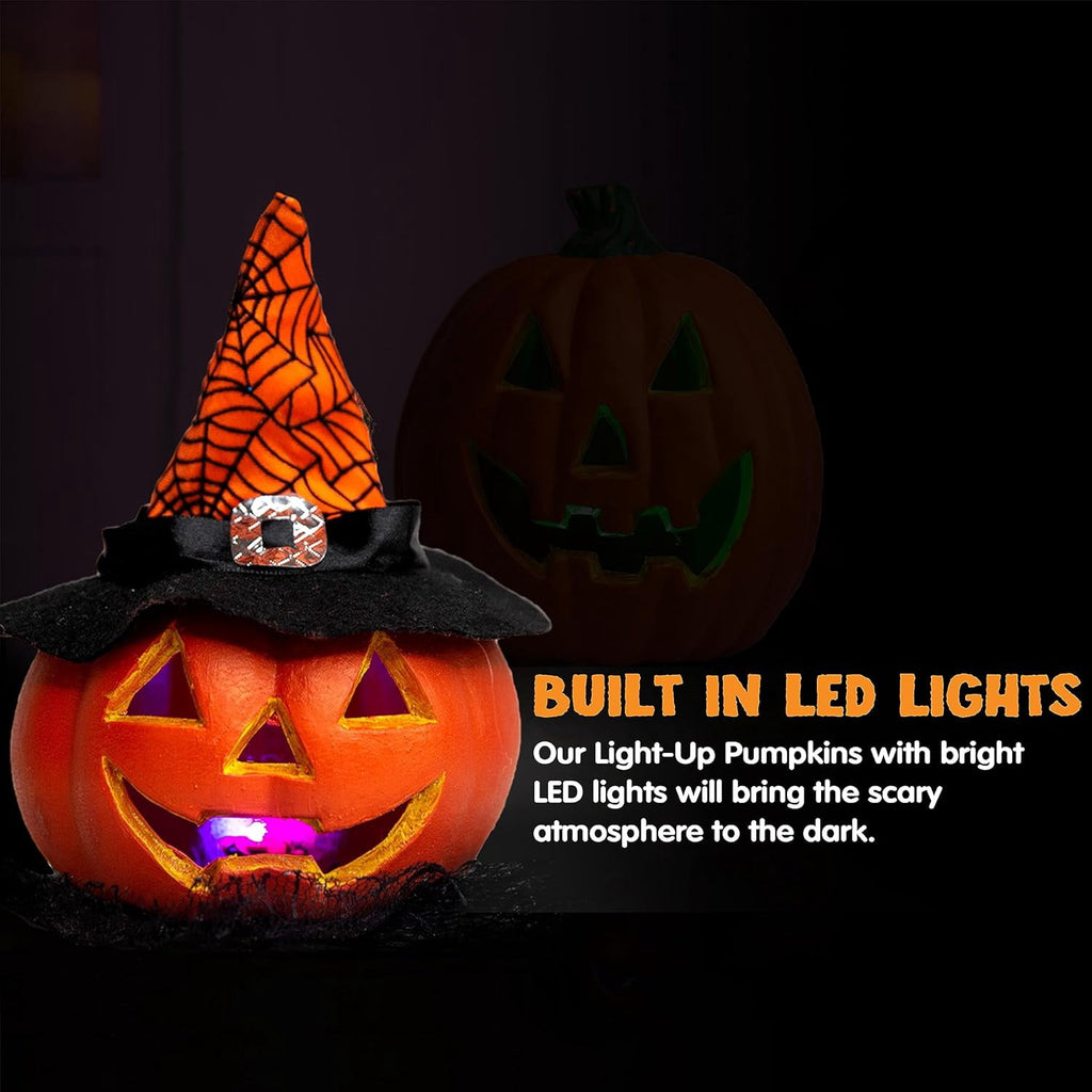 Joyfy 5 Pcs Light Up Halloween Pumpkin Decor Jack O Lantern Decorations Outdoor Indoor, Plastic Large Trick Or Treat Table Top Party Supplies Favors