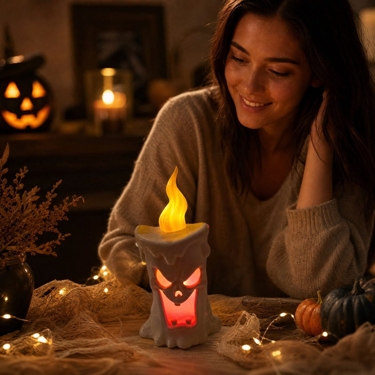 Halloween Pumpkin Night Light With Witch Hat Acrylic LED Tabletop Ornament, Spooky Glowing Figurine for Home Party Bedroom Holiday Decoration