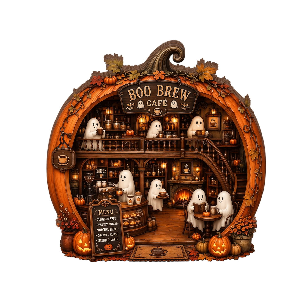 Halloween 2D Wooden Decoration, Ghost Pumpkin Cafe Tabletop Decor with Spooky Tavern Scene Design, Halloween Home Decor for Shelf Mantel Desk Display, Fall Decor and Seasonal Home Decorations