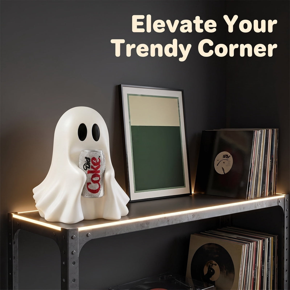 Halloween Ghost Figurine, Resin Lighted Ghost Ornament with Pumpkin Lantern & Beverage Cup, Tabletop Halloween Indoor Decor