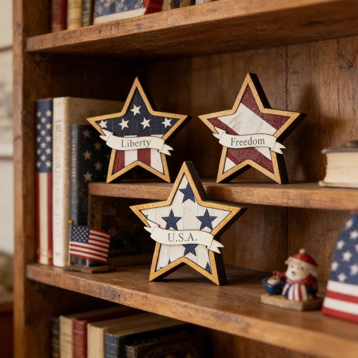 Japceit 3Pcs 4Th Of July Decorations Wooden Stars,Red White Blue Patriotic Decor, Independence Day Ornaments Set,For Home Office Table Shelf