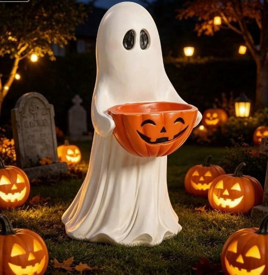 Halloween Ghost Candy Bowl Statue, 13.7" Resin Ghost Figurine Holding Pumpkin Candy Bowl, Outdoor Halloween Decorations for Front Porch, Indoor Yard Lawn Entryway Decor, Trick or Treat Candy Holder