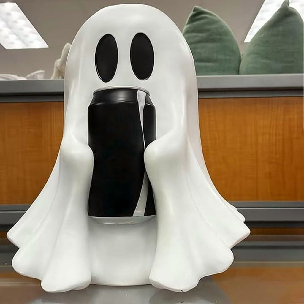 Halloween Ghost Figurine, Resin Lighted Ghost Ornament with Pumpkin Lantern & Beverage Cup, Tabletop Halloween Indoor Decor
