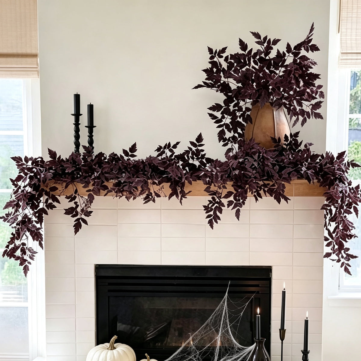 Halloween Black Garland with LED Lights 70.87 Inch Gothic Foliage for Mantel Stair Halloween Party Home Indoor Decor