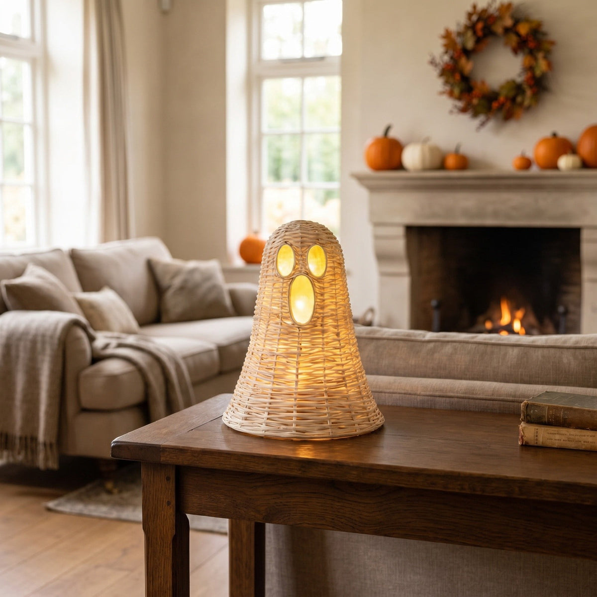 Wicker Ghost Decor, Halloween Decorations Indoor 12.2 Inch, Rattan Ghost Basket Tabletop Lamp Shade for Fall Home Mantel, Halloween Gift Ideal