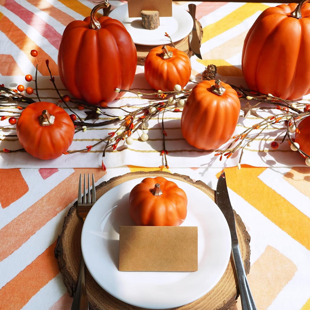 Foraging dimple 7 Pcs Assorted Harvest Orange Artificial Pumpkins Decorative Pumpkins Foam Pumpkins with Gold Stems for Fall Harvest Autumn Home Wedding Thanksgiving Halloween Party