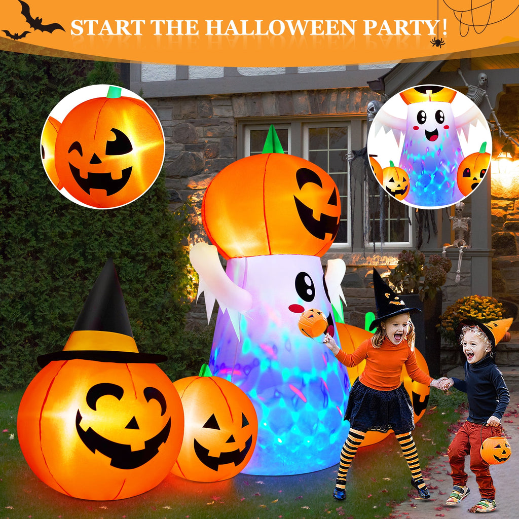 Yexmas 8FT Halloween Inflatable Decoration with Ghost, Black Cat and Pumpkins,Built-in LED Lights, Blow Up Halloween Yard Decor for Indoor/Outdoor Party,Yard, Lawn