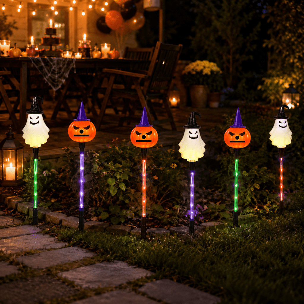 DAKIMOE Solar Halloween Path Lights, Lantern Stake Outdoor String Lights, 6-Pack