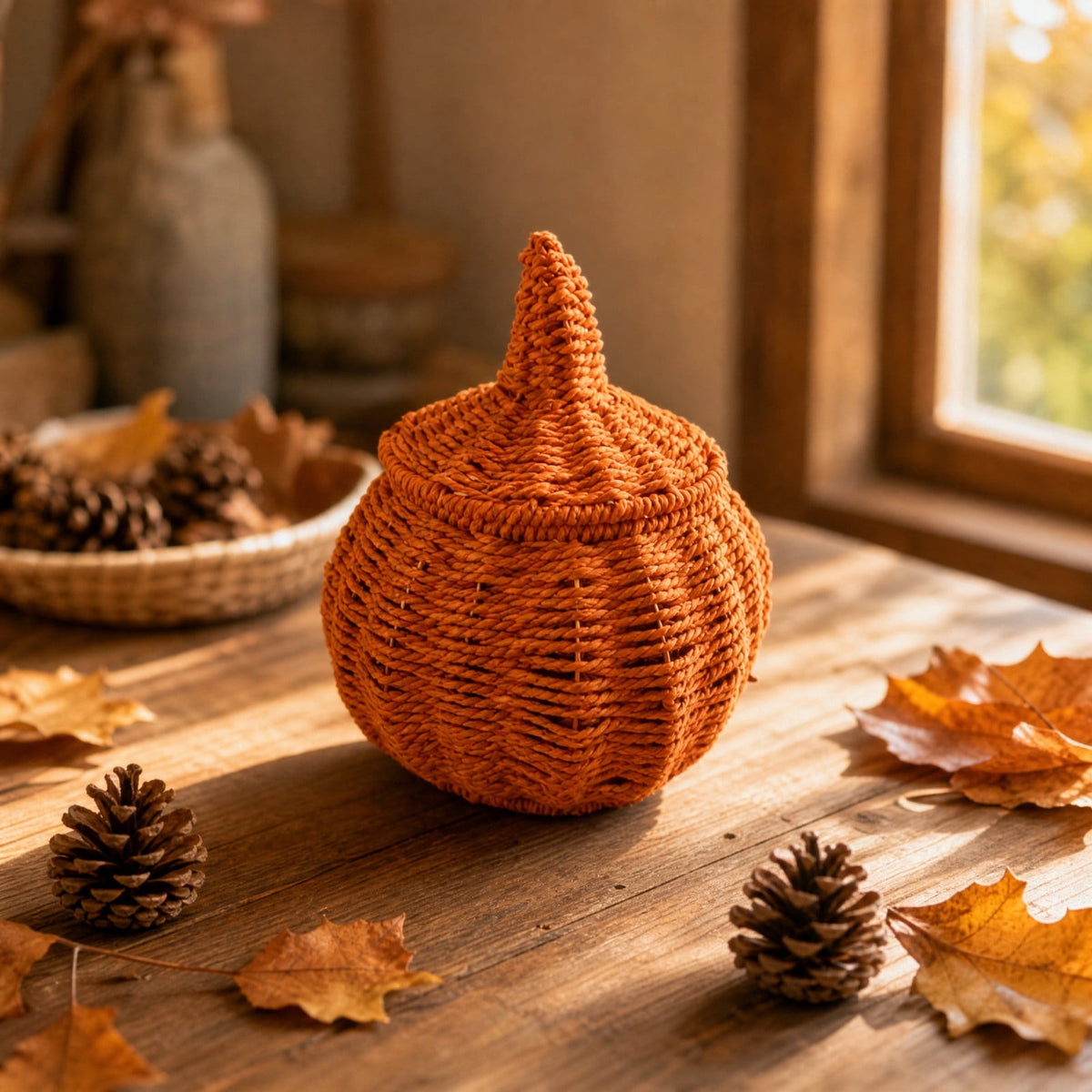 Sahpxhe Black Woven Pumpkin Basket with Lid Handmade Wicker Pumpkin Candy Baskets for Halloween Tabletop Mantel Candy Storage Decorations