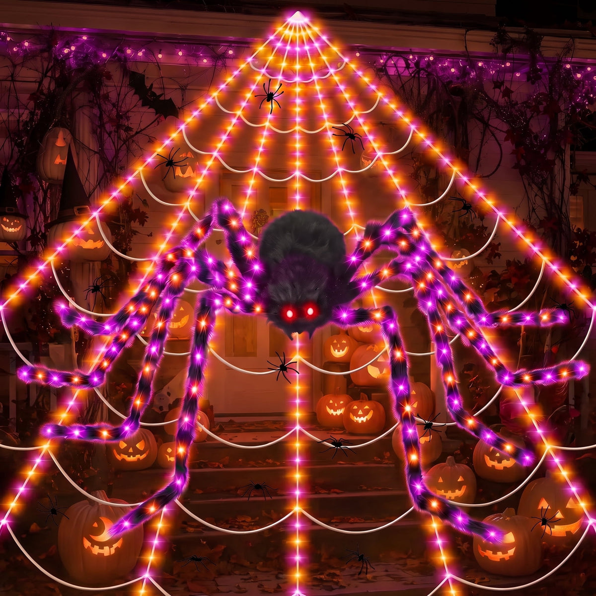 Leyaron Halloween Decorations Outdoor, 350 LED Halloween Spider Web String Lights with 79" Lighted Spider for Outdoor Garden Party Yard Porch Home Decor