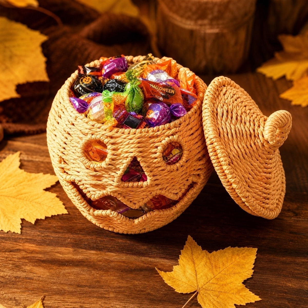 Aximioll Halloween Black Woven Jack-O-Lantern Pumpkin Decor, Hand Woven Rattan Wicker Style Statue, Trick or Treat Candy Bowl Lantern for Porch Entryway Fireplace Mantel Table, Black, 11 Inches