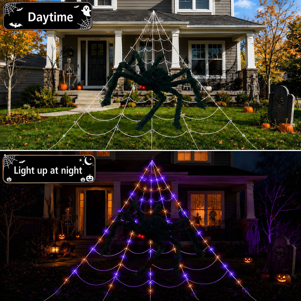 VOLIVO Halloween Spider Web Lights, 5 FT Giant Spider + 15.7 x 16.4 FT Light-up Triangular Web, 250 LED 8 Modes Waterproof Decor for Indoor Outdoor (Purple)