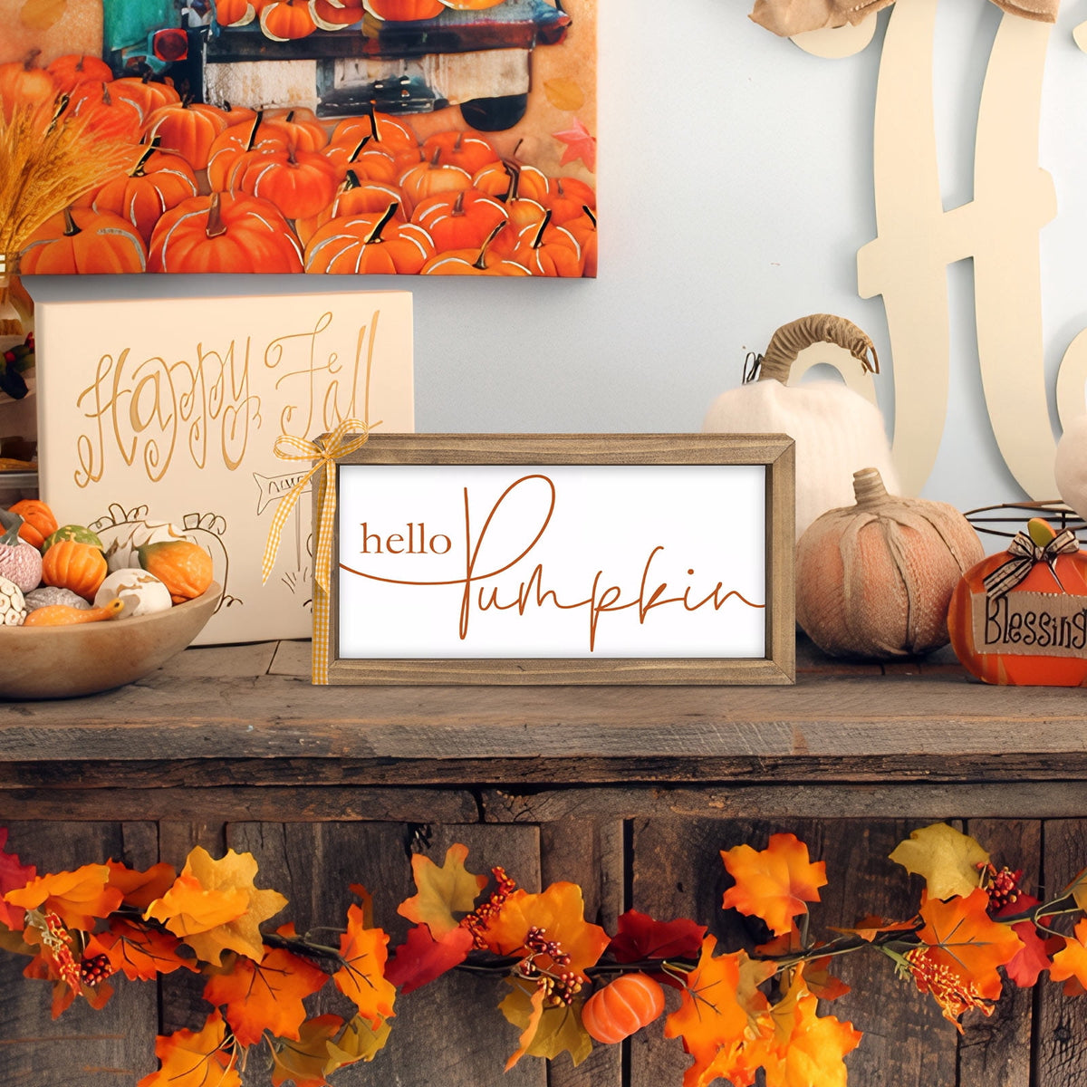 11.8×6 Inch Hello Pumpkin Sign, White Wooden Fall Decorations for Home Farmhouse, Autumn Decor Indoor Table Wall Shelf Desk Mantle Office Rustic Thanksgiving Harvest Decorative Signage