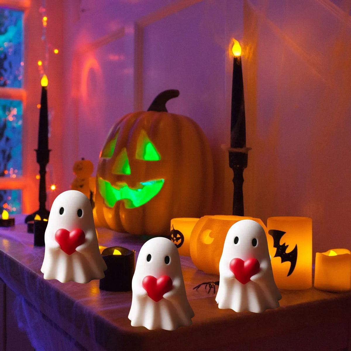 Halloween Ghost Figurine, Resin Lighted Ghost Ornament with Pumpkin Lantern & Beverage Cup, Tabletop Halloween Indoor Decor
