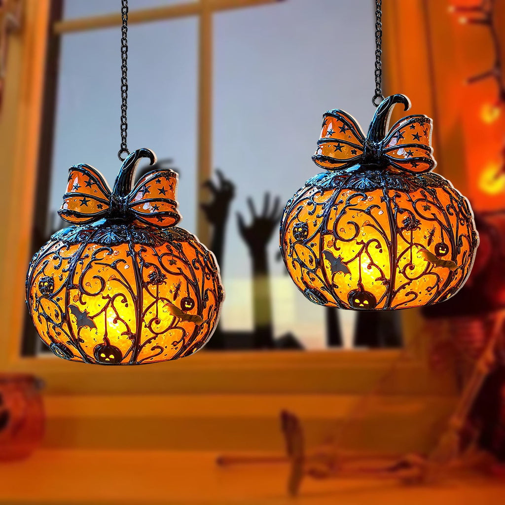 AZXY Stained Glass Hanging Pumpkin Ornament, Halloween Decor, Halloween Pumpkins, Halloween Decorations, Halloween Party Decor,Bat Star Pumpkin Hanging Decor for Indoor Window Tabletop