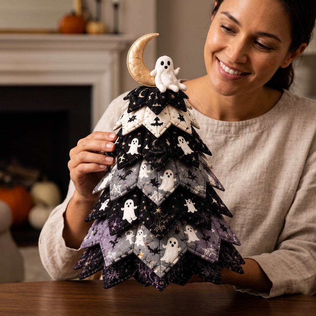 Halloween Fabric Trees - 11.8" DIY Halloween Quilted Fabric Tree Kit, Black Cat Pumpkin Witch Design, Sewing Patchwork Ghost Trees Holiday Table Mantel Decor, Handmade Gift for Craft Lovers