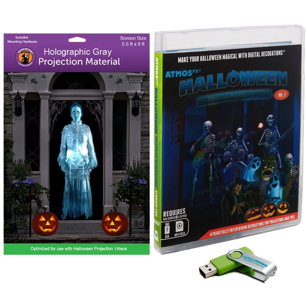 Reaper Brothers Halloween Hollusion Digital Decoration Kit Includes 8 AtmosFX Video Effects for Halloween Plus 5.5' x 9' Holographic Projection Screen