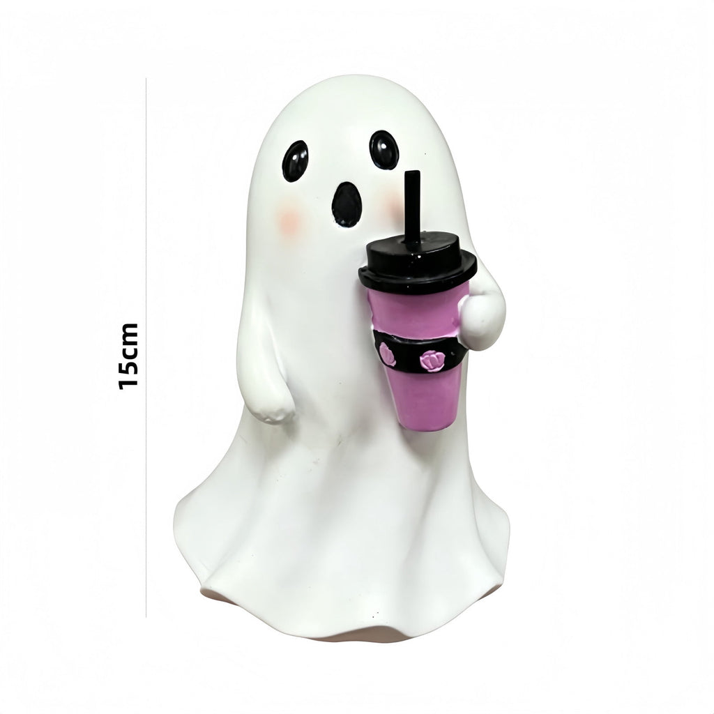 Halloween Ghost Figurine, Resin Lighted Ghost Ornament with Pumpkin Lantern & Beverage Cup, Tabletop Halloween Indoor Decor