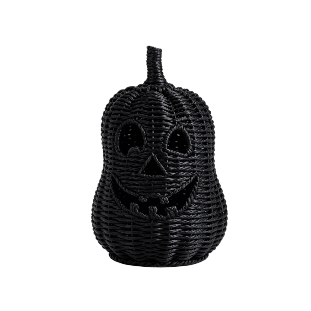 Aximioll Halloween Black Woven Jack-O-Lantern Pumpkin Decor, Hand Woven Rattan Wicker Style Statue, Trick or Treat Candy Bowl Lantern for Porch Entryway Fireplace Mantel Table, Black, 11 Inches