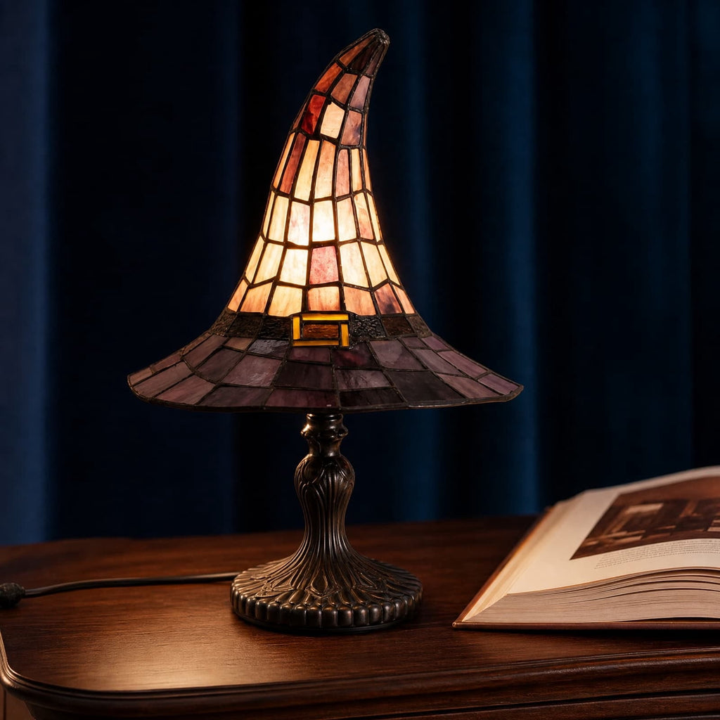Fuebueo Halloween Witch Hat Lamp 11.81 Inch, Stained Glass Tiffany Style Table Lamp for Bedroom Nightstand, Gothic Witchy Halloween Decorations for Home Living Room