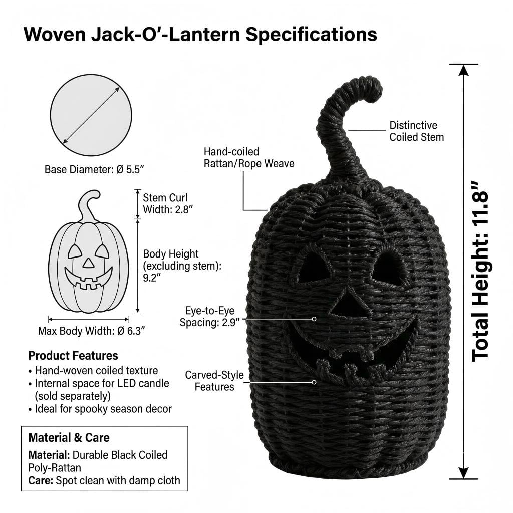 Dark Seagrass Pumpkin Halloween Decoration, 11.8" Handcrafted Woven Pumpkin Jack-o'-lantern, Halloween Decorative Lantern for Indoor Home Party