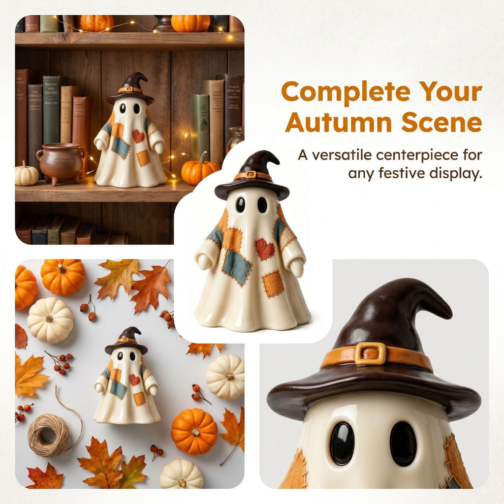 Vintage Patchwork Ghost Figurine, Cute Resin Halloween Ghost Statue with Floral Bow and Pumpkin Basket, Retro Fall Tabletop Mantel Shelf Entryway Porch Decor for Halloween Thanksgiving Home Party