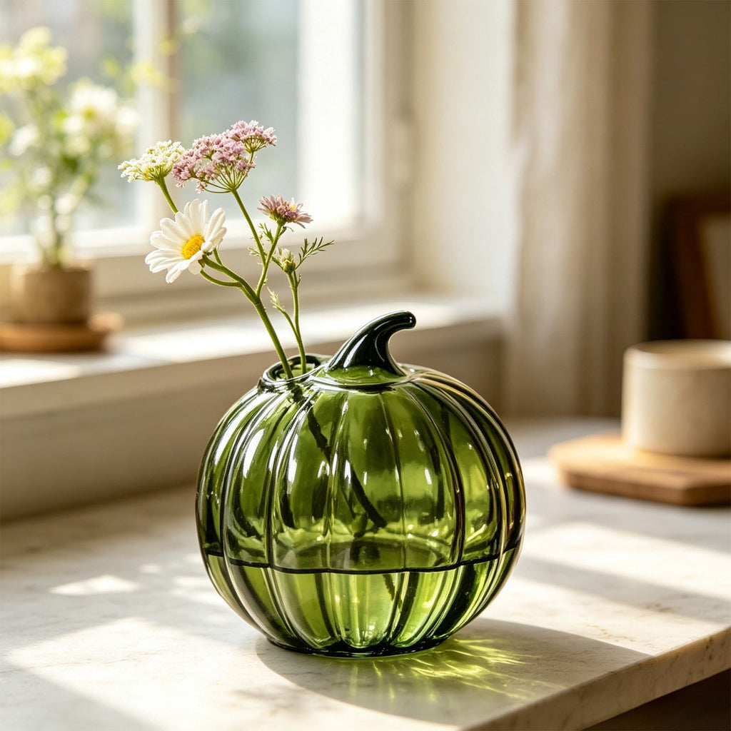 SLYNSHome Striped Glass Pumpkin Shaped Vase, Mini Hydroponic Flower Container,Clear Decorative Pumpkin Glass Centerpiece For Fall Thanksgiving Indoor Tabletop Home Decor
