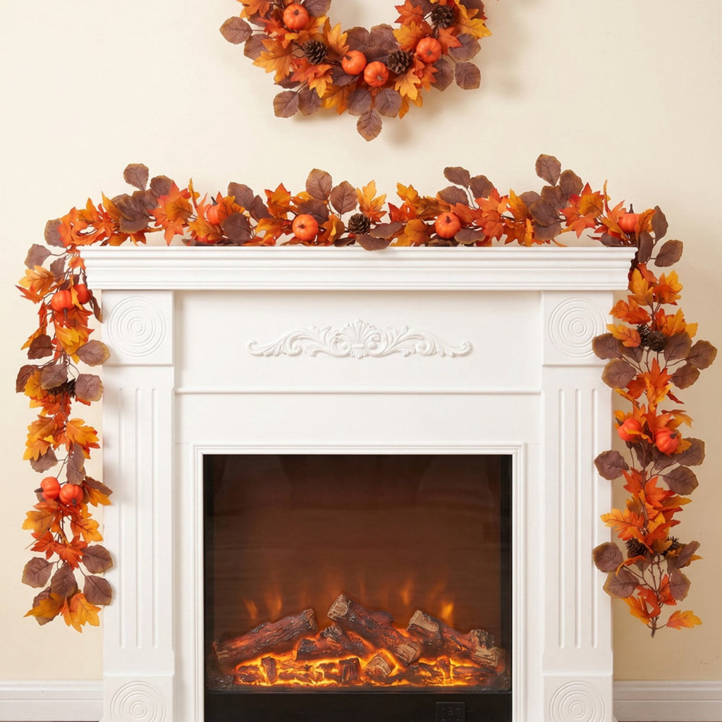 Fall Maple Leaf Front Door Wreath, Multicolor Plastic Seasonal Wreath for Halloween Thanksgiving Christmas Indoor Wall Fireplace Home Decor, 9.84 Inch