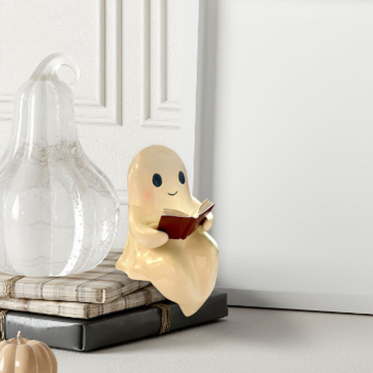 Halloween Ghost Figurine, Resin Lighted Ghost Ornament with Pumpkin Lantern & Beverage Cup, Tabletop Halloween Indoor Decor