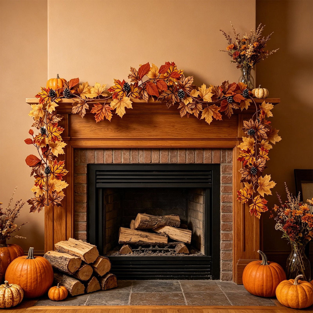 Fall Maple Leaf Front Door Wreath, Multicolor Plastic Seasonal Wreath for Halloween Thanksgiving Christmas Indoor Wall Fireplace Home Decor, 9.84 Inch