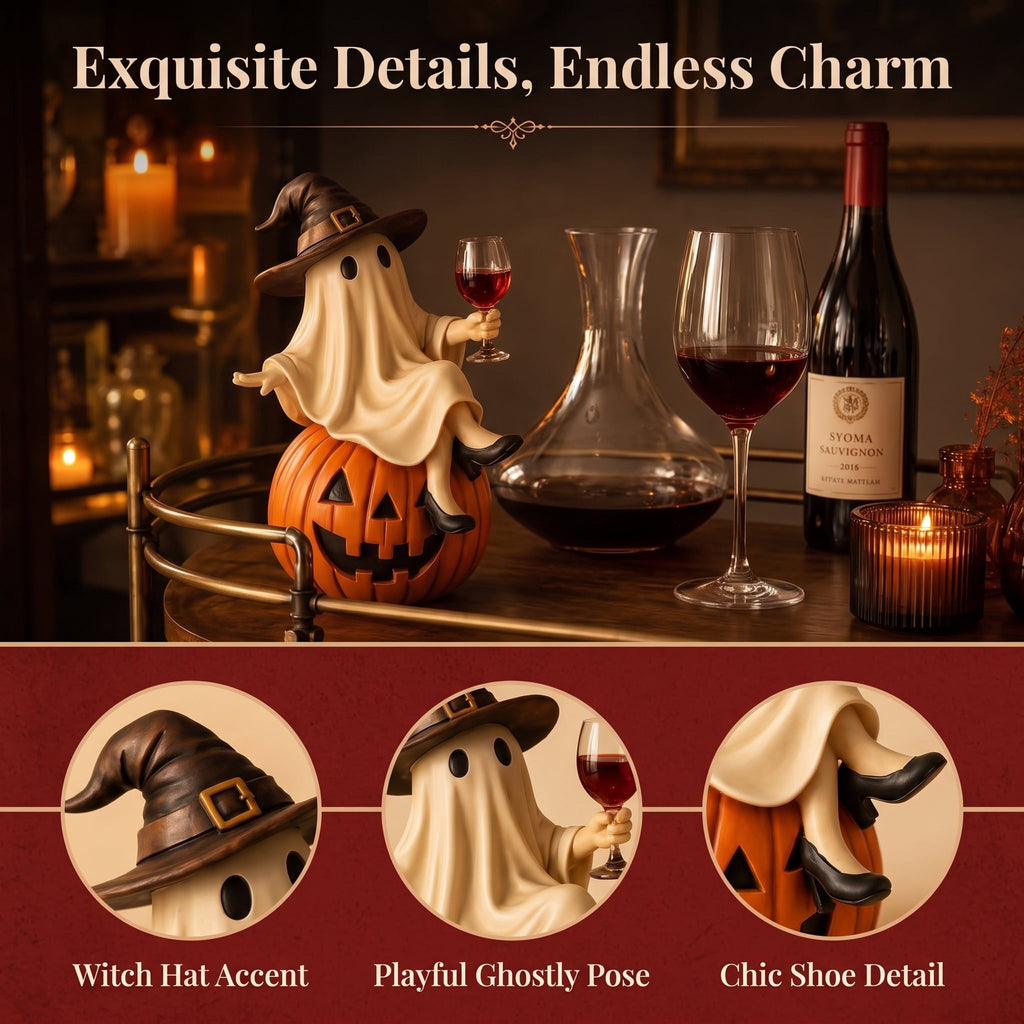 Ghost Decor, Halloween Figurines, Ghost Drinking Coffee Figurine, Witch on Pumpkin, Wine Glass, Spooky Home Accent