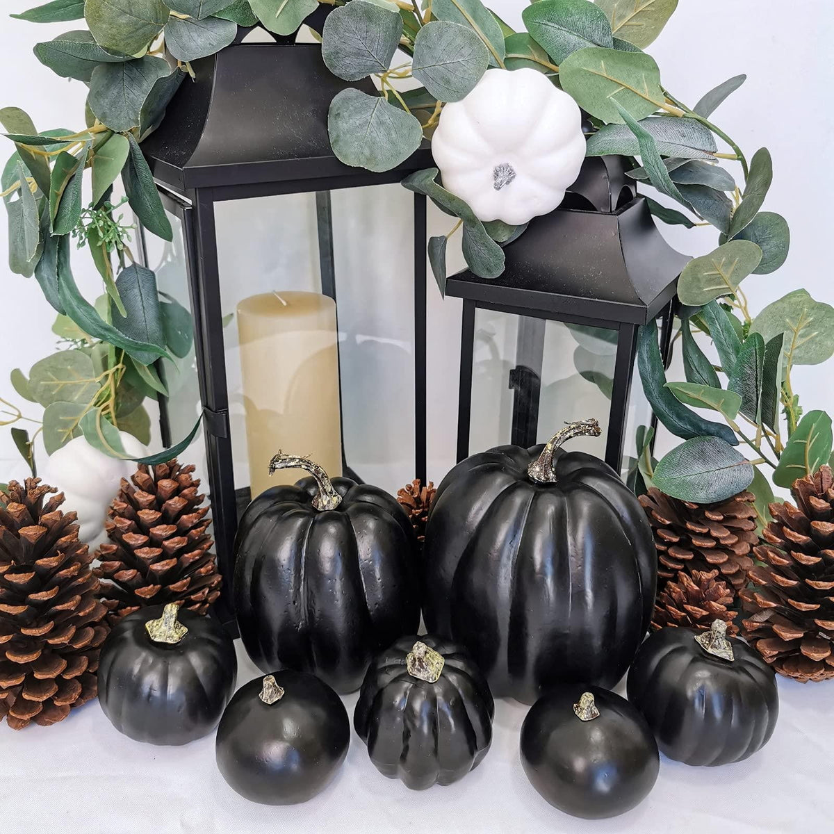 PPKVUFD 7Pcs Artificial Pumpkins Bulk Faux Harvest for Fall Wedding Centerpiece Black, Artificial Plastic Pumpkins Perfect for Halloween Decor Thanksgiving Table Decor