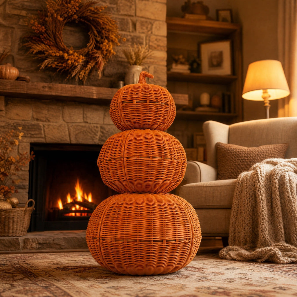 Handmade Rattan Pumpkin Decorations For Halloween Outdoor Fall Party Scene Set Of 3 In Natural Wood Tone