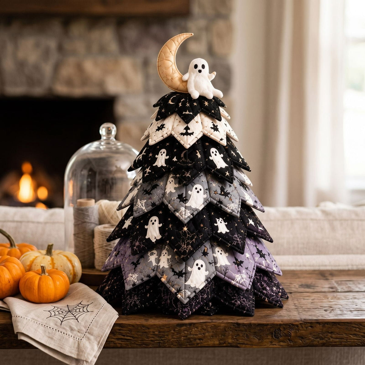 Lypsnake DIY Halloween Quilted Fabric Tree Kit, Vintage Pumpkin Sunflower Patchwork, 3D Padded Sewing Craft Project for Autumn Harvest Decor