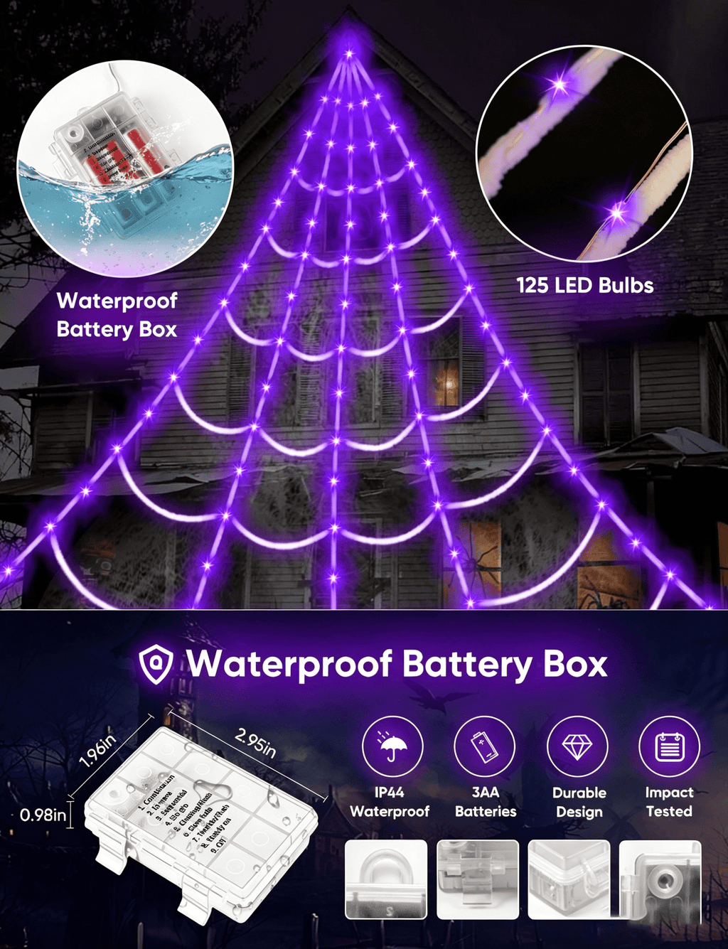 Halloween Decorations Spider Web Lights,4FT Diameter 70 LED with Black Spider, Waterproof Net Lights, Remote Control, 8 Modes Cobweb Halloween Decorations for House Garden Indoor Outdoor (Purple)