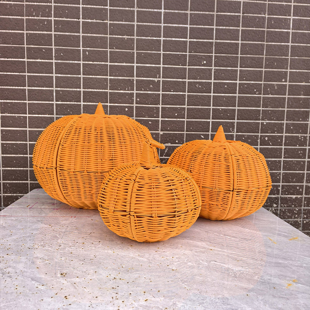 Handmade Rattan Pumpkin Decorations For Halloween Outdoor Fall Party Scene Set Of 3 In Natural Wood Tone