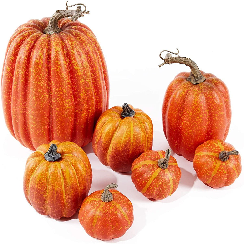 7 Pcs Assorted Sizes Artificial Pumpkins Fall Decor Fake Faux Foam Pumpkins for Halloween Thanksgiving Harvest Home Table Decor (Pink)