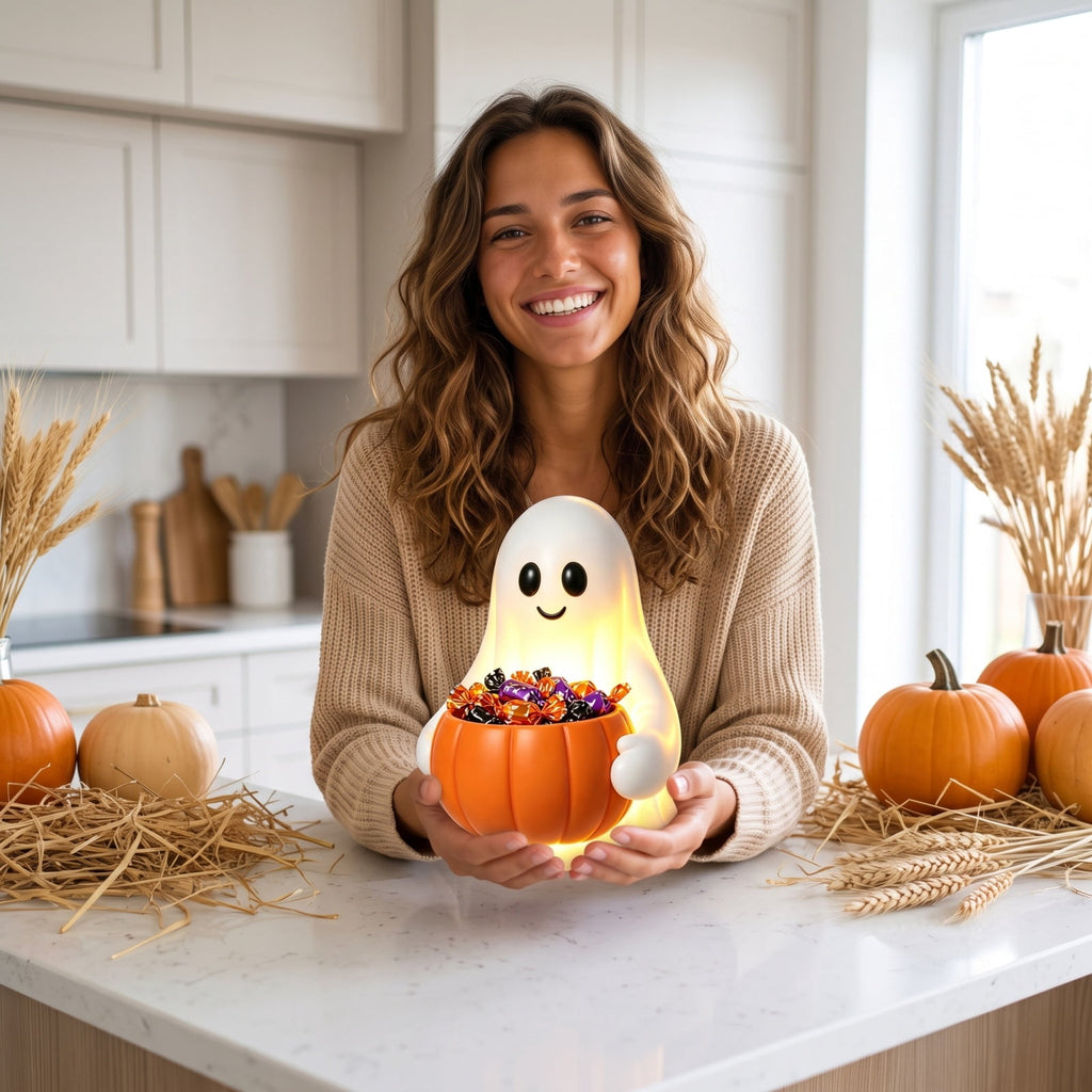 Lighted Halloween Ghost Candy Bowl, Cute LED Ghost Holding Pumpkin Candy Bucket for Trick or Treat, Outdoor Halloween Decorations for Front Porch, Indoor Yard Patio Halloween Decor