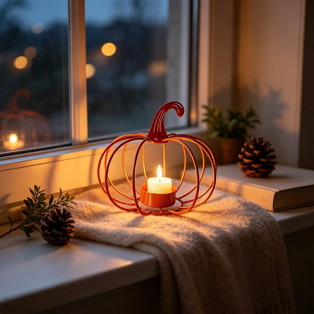 romoty Metal Wire Pumpkin Candle Holder, Vibrant Orange Iron Tealight Stand Tabletop Centerpiece Accent Halloween Thanksgiving Fall Harvest Dining Room Decoration