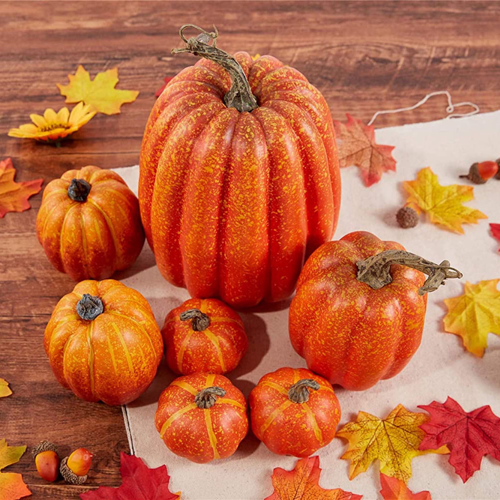 7PCS Pumpkin Decor Set for Fall and Halloween, Artificial Foam Pumpkins in Orange for Indoor and Outdoor Decor for Thanksgiving Table Centerpieces, Wedding Decorations and DIY Crafts