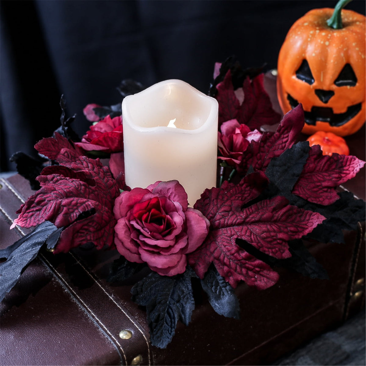 TETOU 2Pcs Halloween Candle Rings Wreath for Pillar Candle Holder, Maple Leaf Black Rose Small Wreaths for Fall Thanksgiving Home Table Centerpieces, Cabinet Decorations - Black