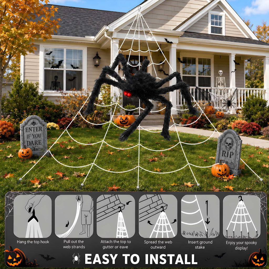 VOLIVO Halloween Spider Web Lights, 5 FT Giant Spider + 15.7 x 16.4 FT Light-up Triangular Web, 250 LED 8 Modes Waterproof Decor for Indoor Outdoor (Purple)