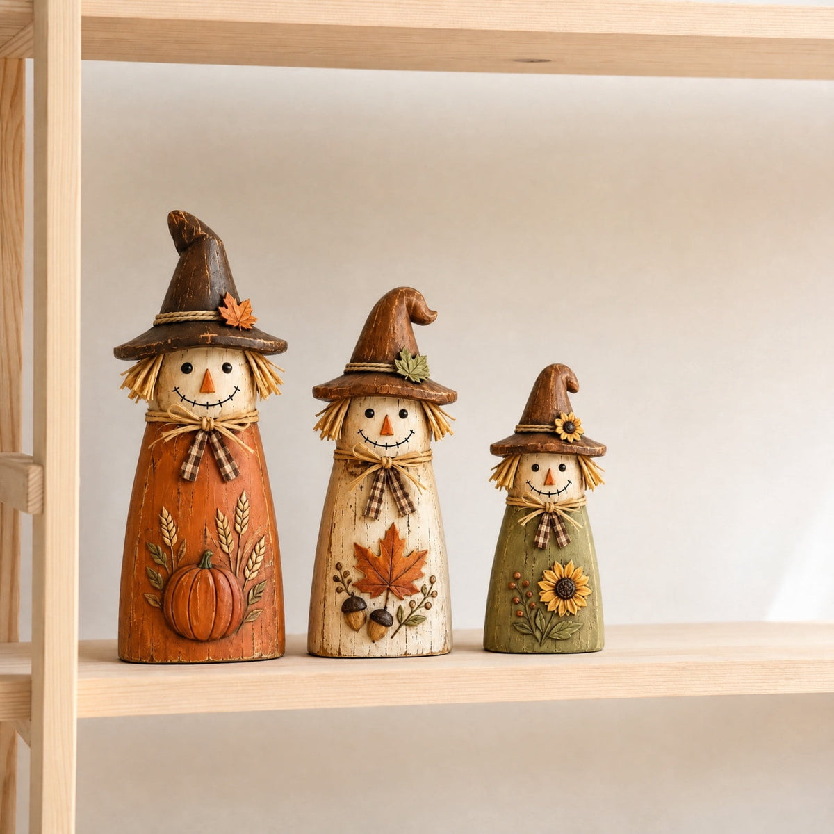 Set of 3 Vintage Distressed Wooden Scarecrow Figurines,Fall Harvest Tabletop Decor,Farmhouse Autumn Pumpkin Maple Sunflower Statues for Mantel Shelf Home Display
