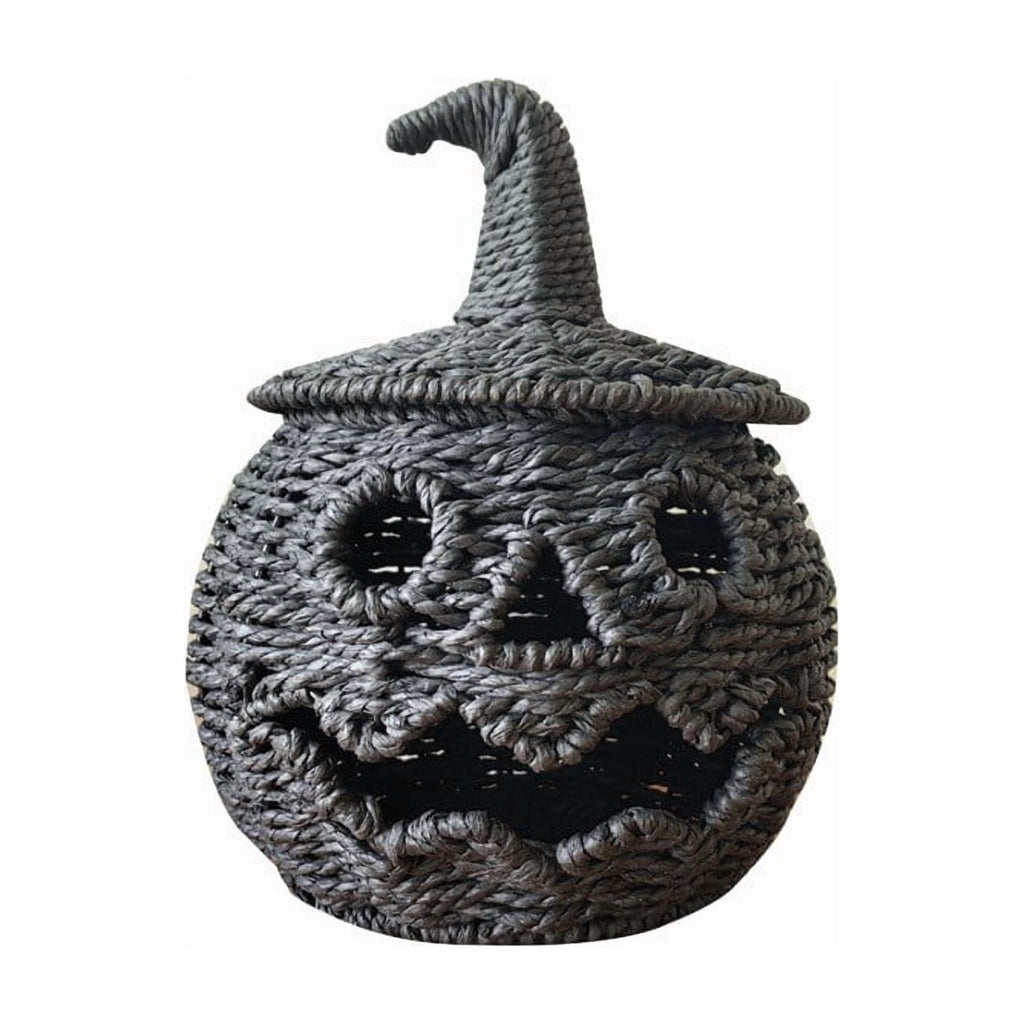 Sahpxhe Black Woven Pumpkin Basket with Lid Handmade Wicker Pumpkin Candy Baskets for Halloween Tabletop Mantel Candy Storage Decorations